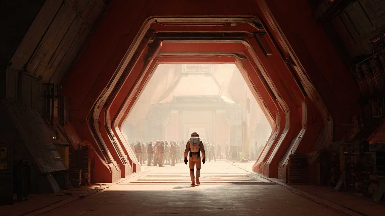 An astronaut walks through a grand red airlock into a Mars colony